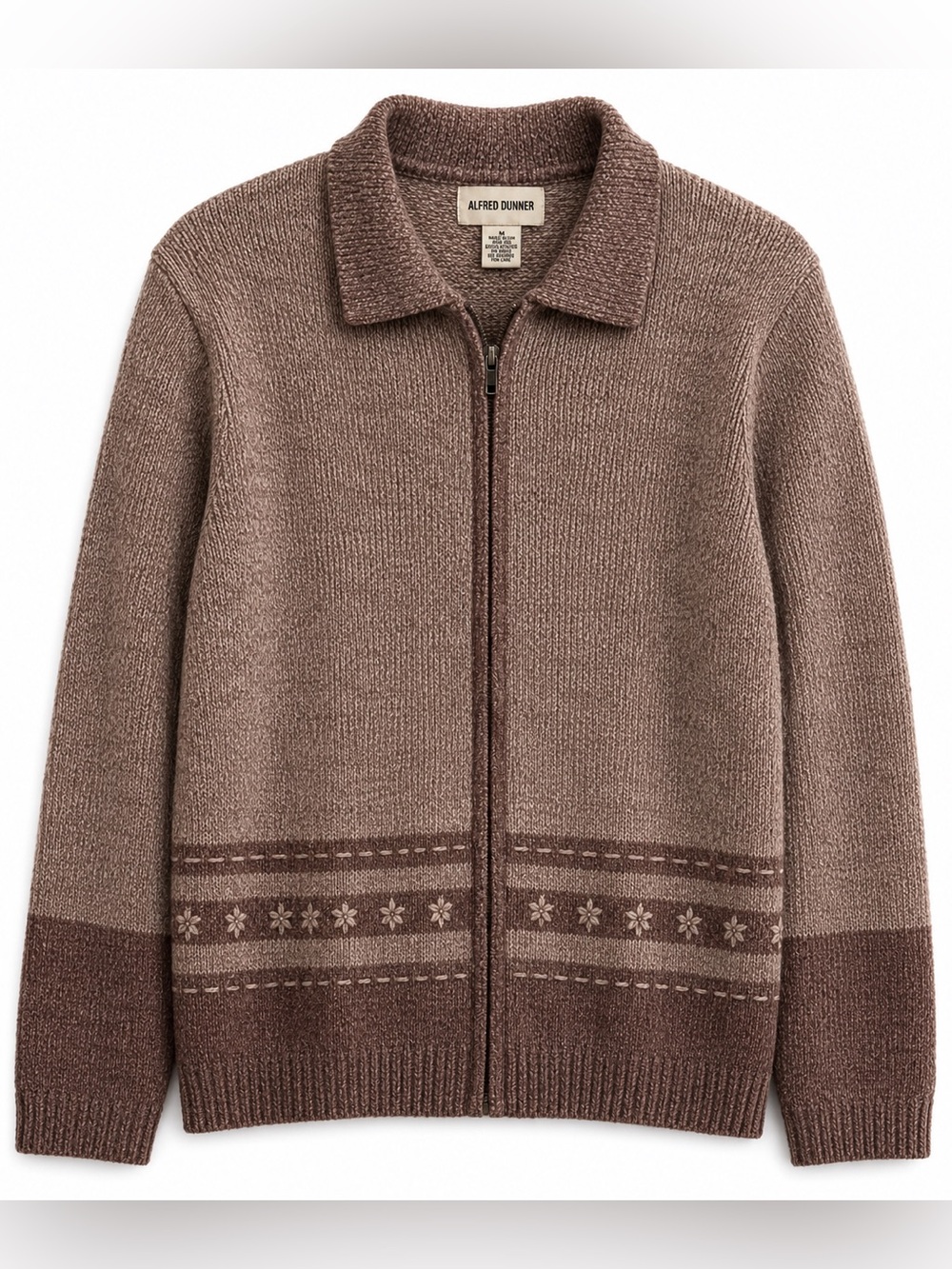 Alfred Dunner Women's Taupe Brown Zip Teddy Jacket with Patterned Band